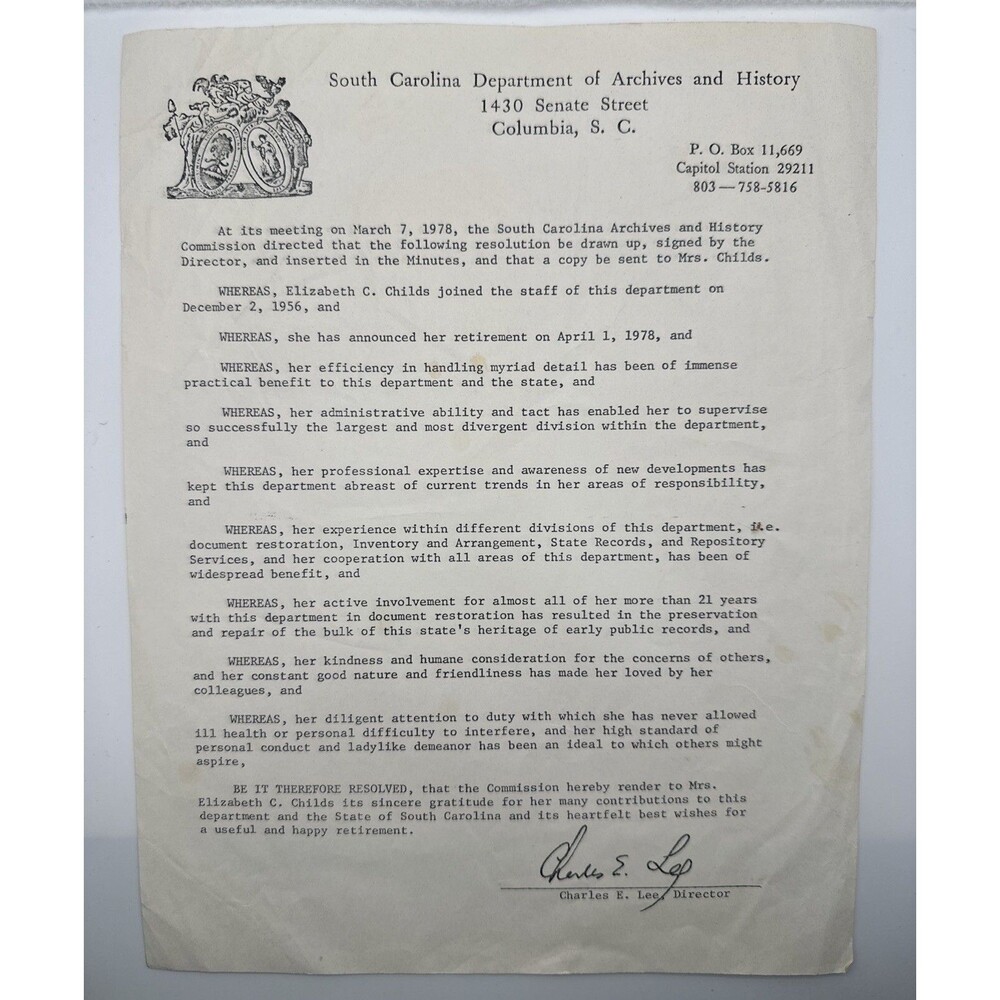 1978 South Carolina Archives Retirement Letter Signed by Director Charles E. Lee